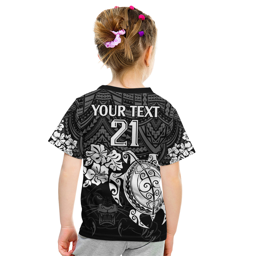 Custom Panthers Rugby Kid T Shirt Penrith Hibiscus and Turtle With Polynesian Pattern - Vibe Hoodie Shop