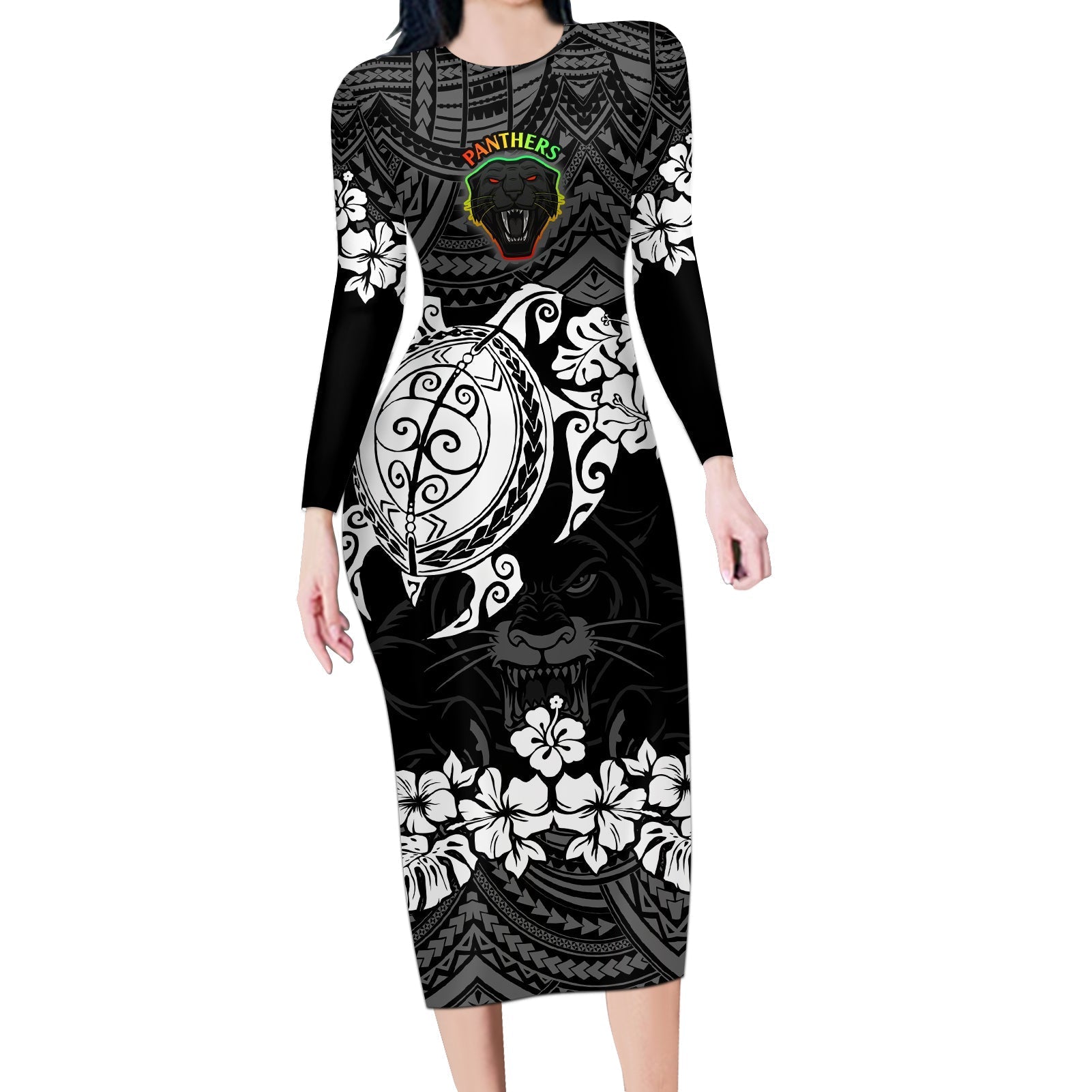 custom-panthers-rugby-long-sleeve-bodycon-dress-penrith-hibiscus-and-turtle-with-polynesian-pattern