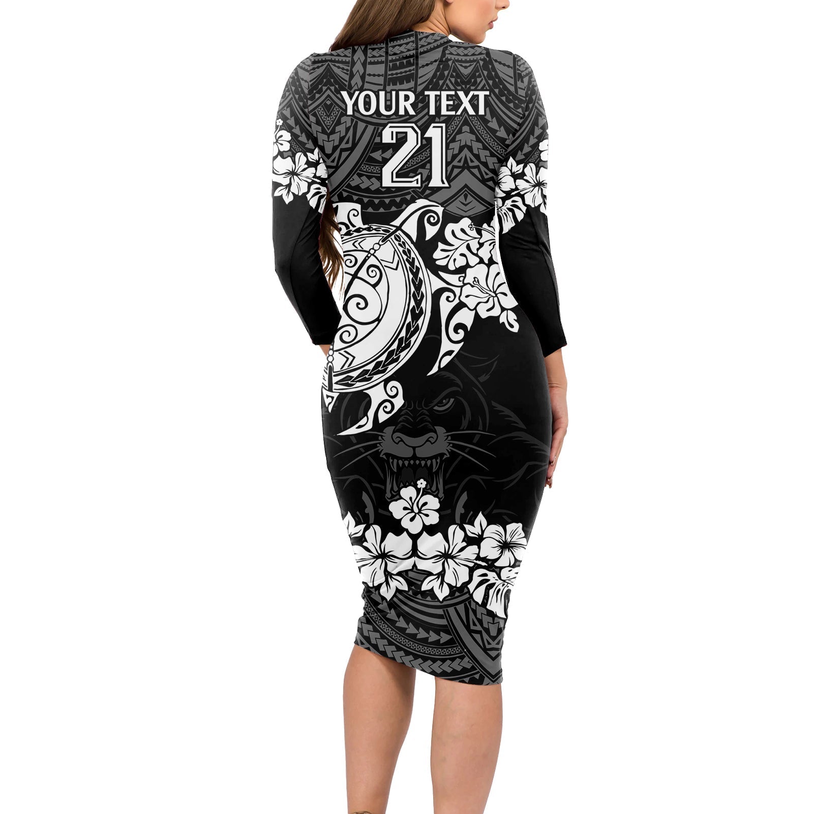 custom-panthers-rugby-long-sleeve-bodycon-dress-penrith-hibiscus-and-turtle-with-polynesian-pattern