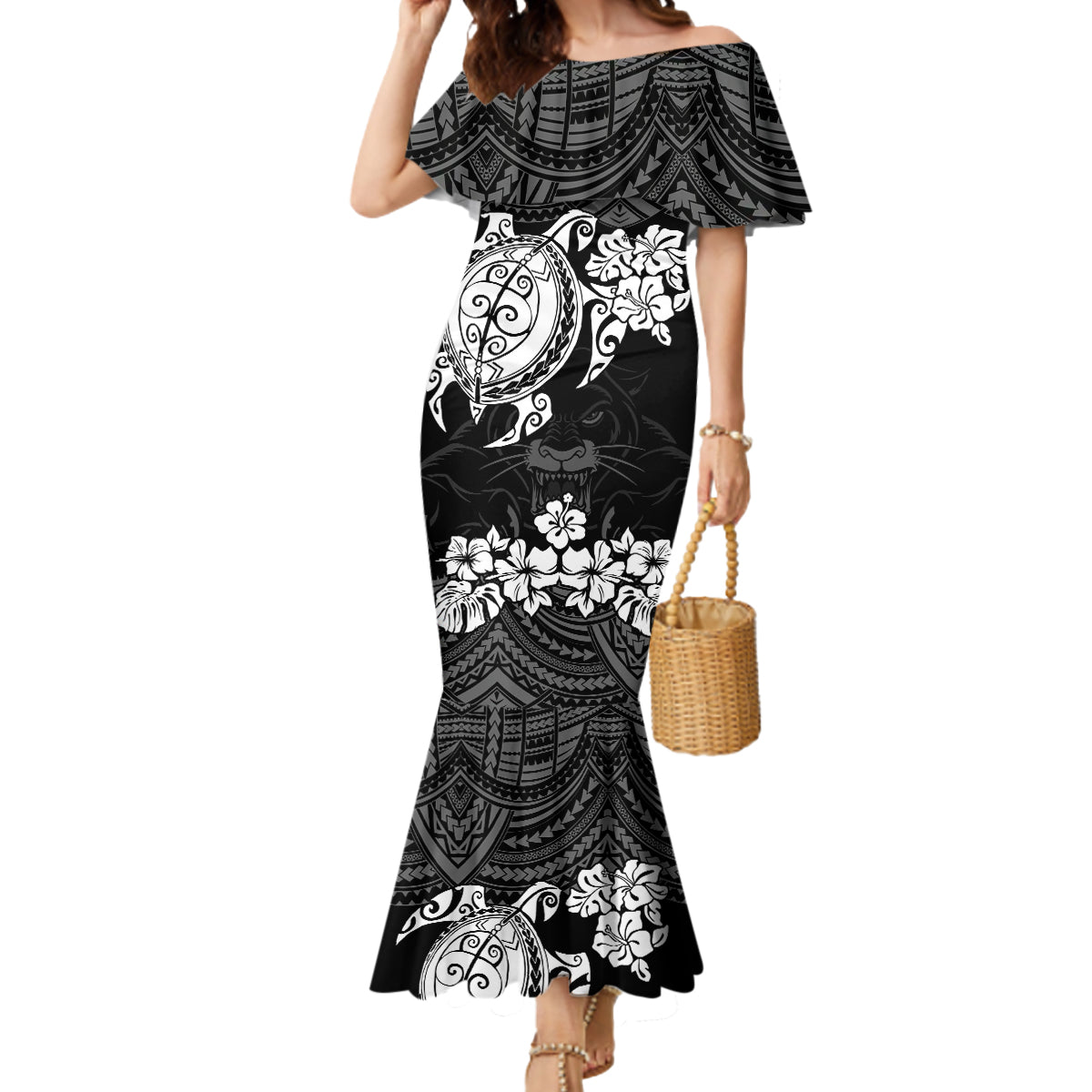 custom-panthers-rugby-mermaid-dress-penrith-hibiscus-and-turtle-with-polynesian-pattern