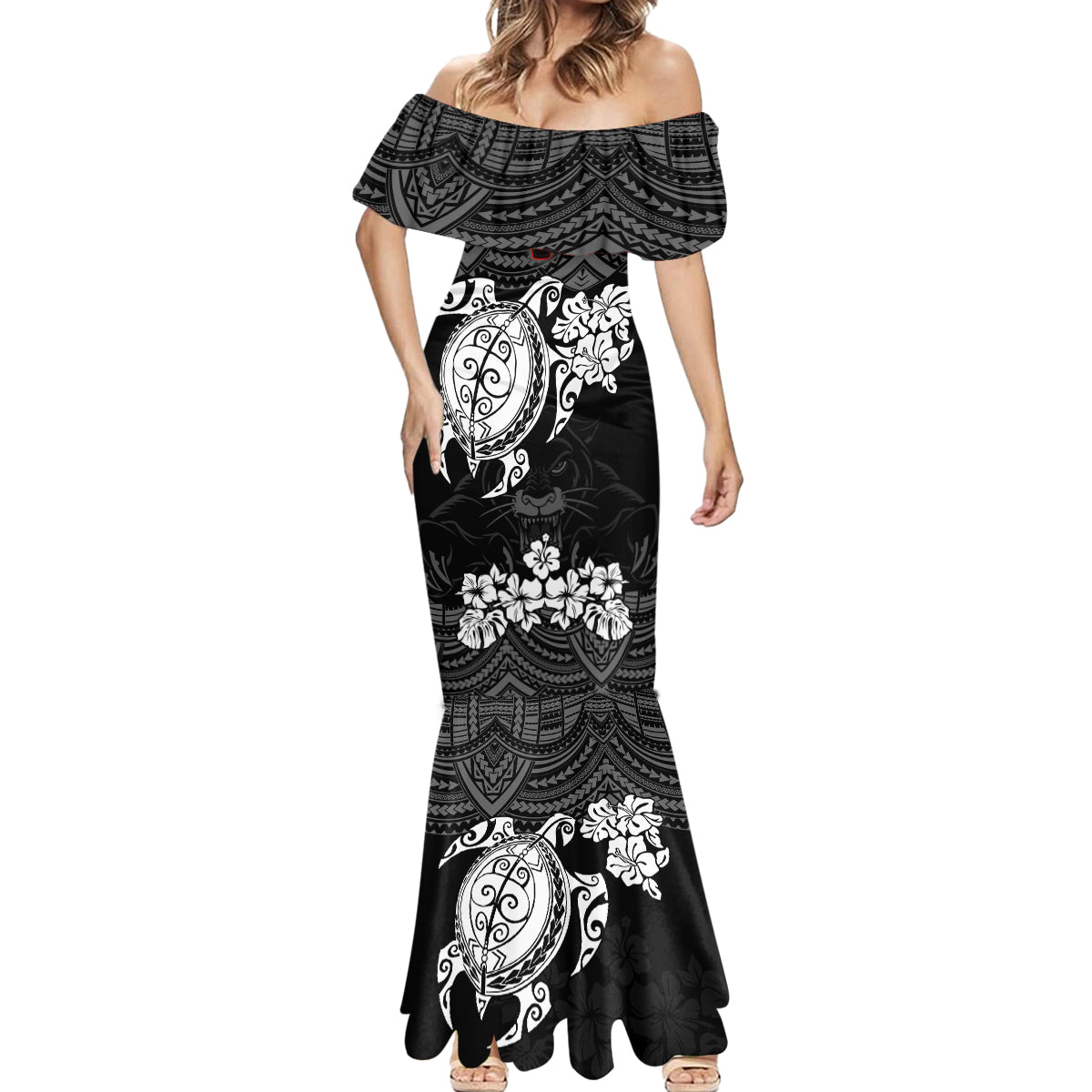 custom-panthers-rugby-mermaid-dress-penrith-hibiscus-and-turtle-with-polynesian-pattern