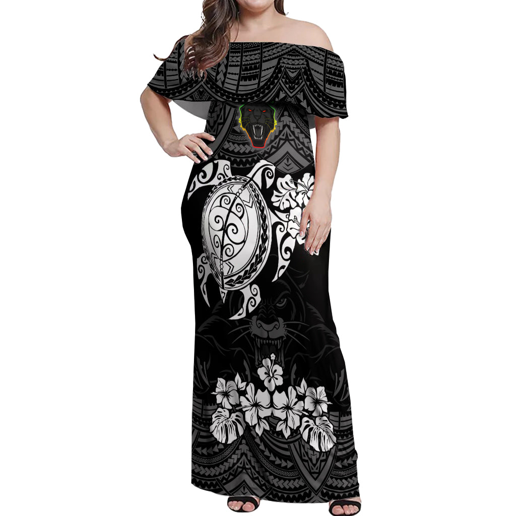 custom-panthers-rugby-off-shoulder-maxi-dress-penrith-hibiscus-and-turtle-with-polynesian-pattern