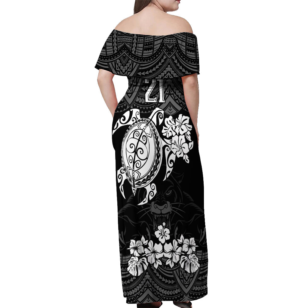 custom-panthers-rugby-off-shoulder-maxi-dress-penrith-hibiscus-and-turtle-with-polynesian-pattern