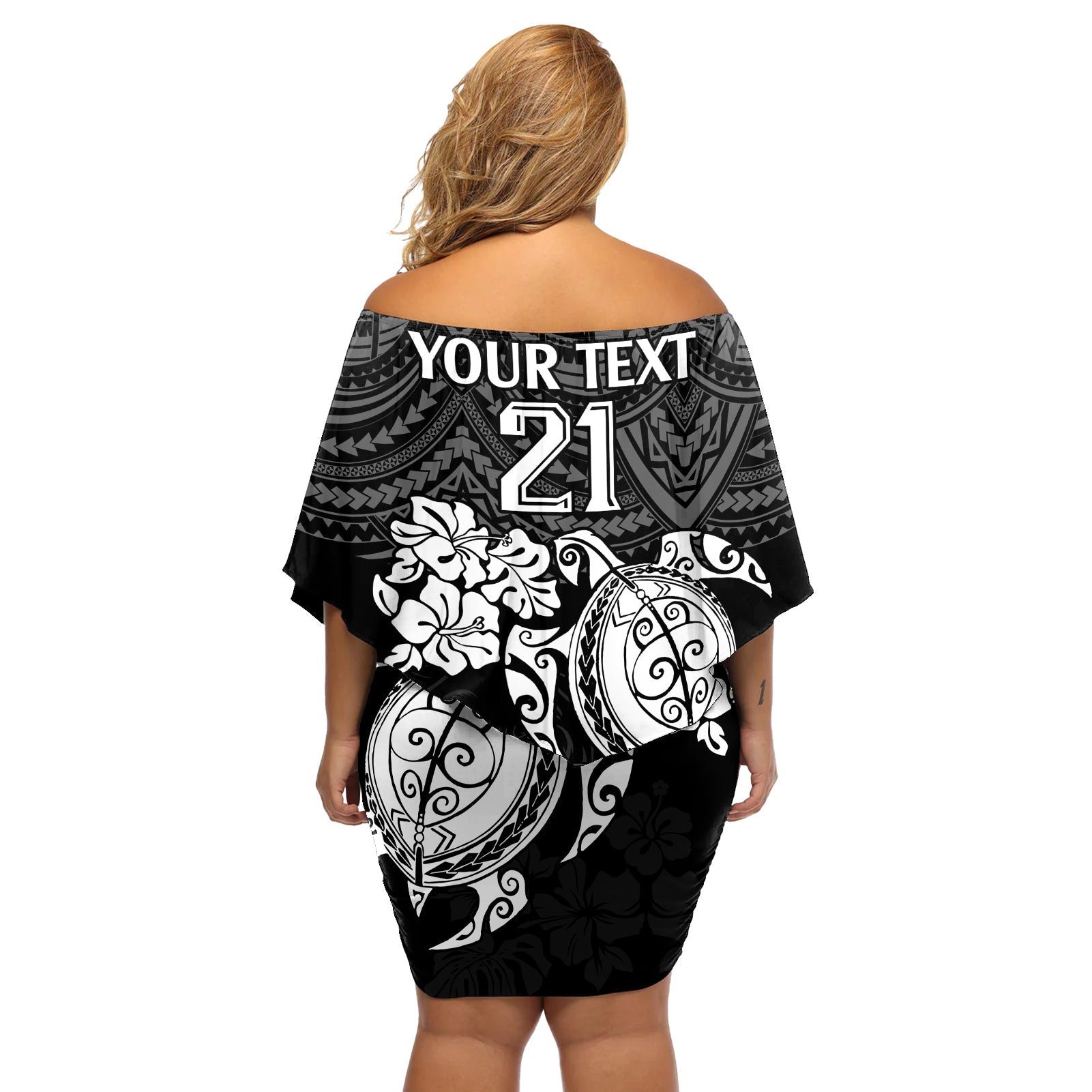 custom-panthers-rugby-off-shoulder-short-dress-penrith-hibiscus-and-turtle-with-polynesian-pattern