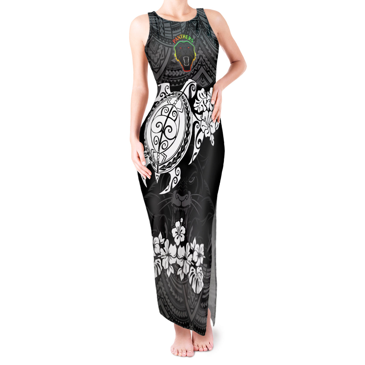 custom-panthers-rugby-tank-maxi-dress-penrith-hibiscus-and-turtle-with-polynesian-pattern