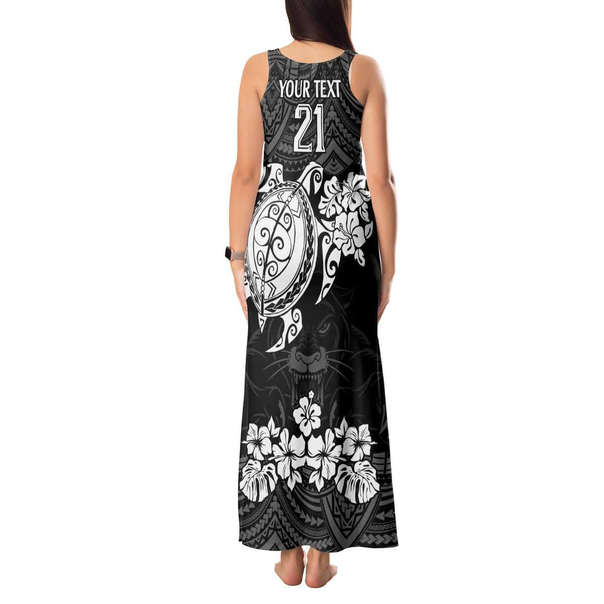 custom-panthers-rugby-tank-maxi-dress-penrith-hibiscus-and-turtle-with-polynesian-pattern