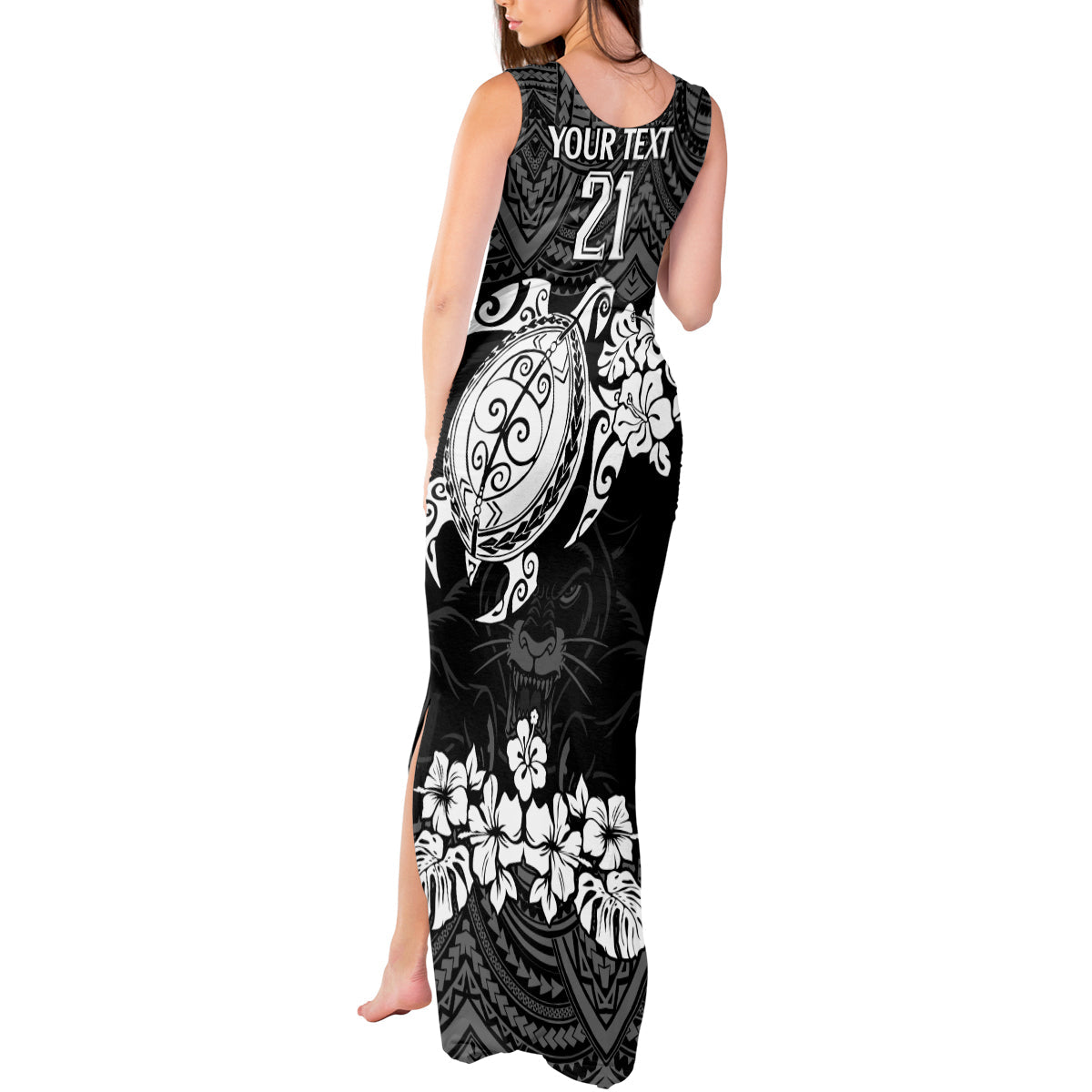 custom-panthers-rugby-tank-maxi-dress-penrith-hibiscus-and-turtle-with-polynesian-pattern