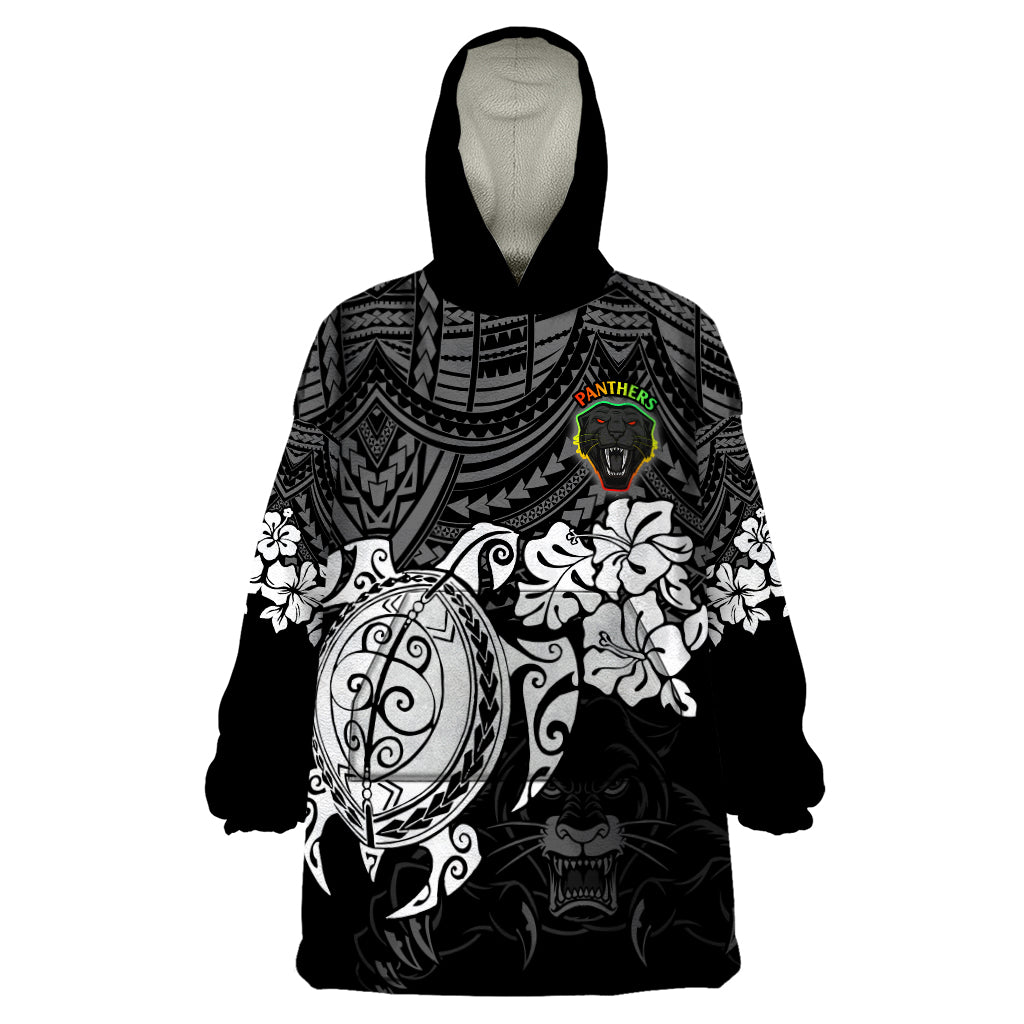 Custom Panthers Rugby Wearable Blanket Hoodie Penrith Hibiscus and Turtle With Polynesian Pattern - Vibe Hoodie Shop