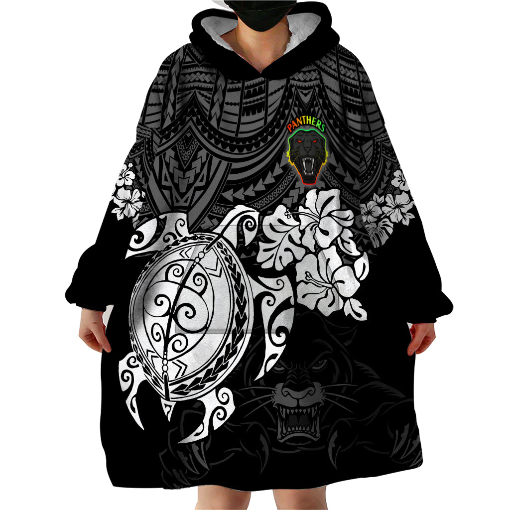 Custom Panthers Rugby Wearable Blanket Hoodie Penrith Hibiscus and Turtle With Polynesian Pattern - Vibe Hoodie Shop