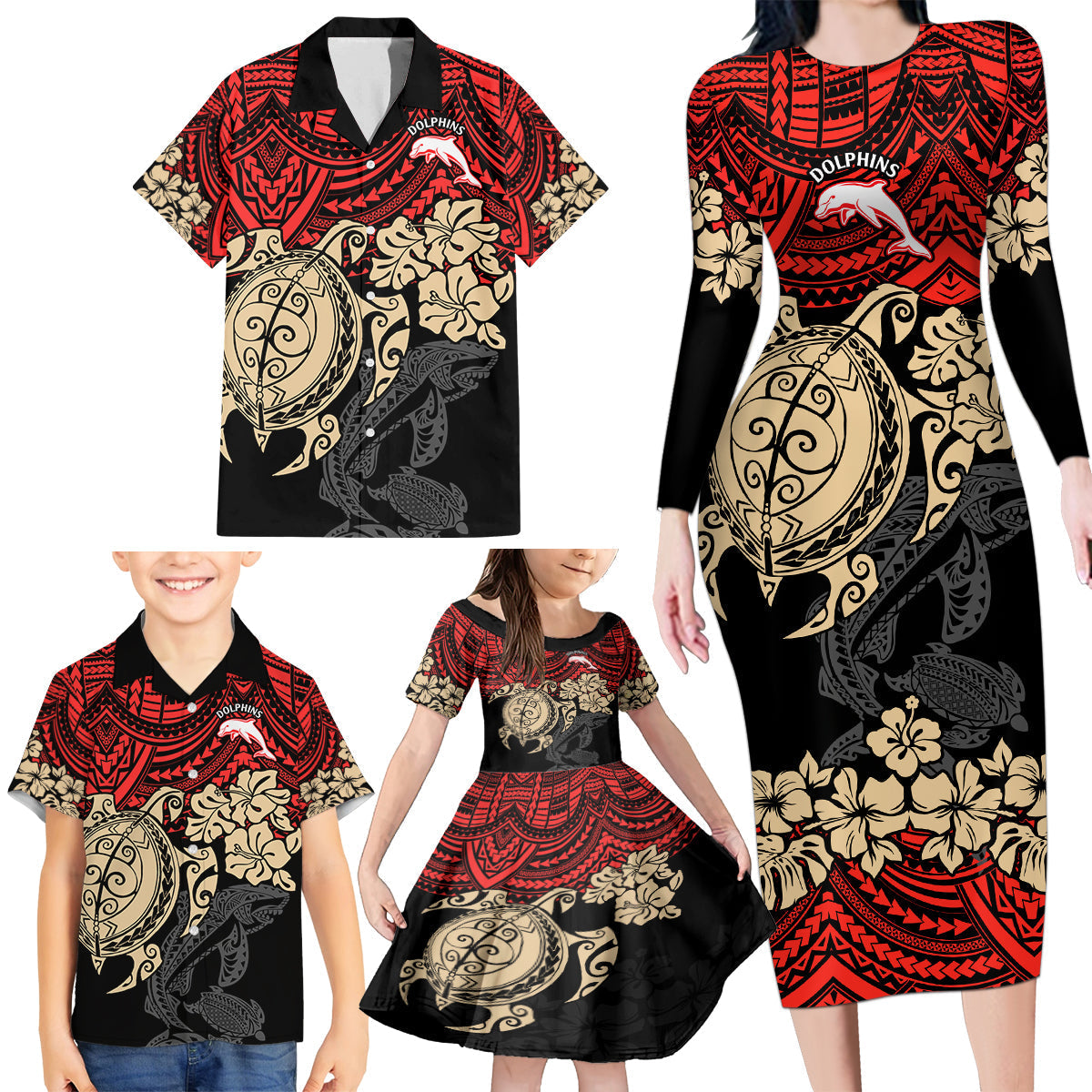 custom-dolphins-rugby-family-matching-long-sleeve-bodycon-dress-and-hawaiian-shirt-reddy-hibiscus-and-turtle-with-polynesian-pattern