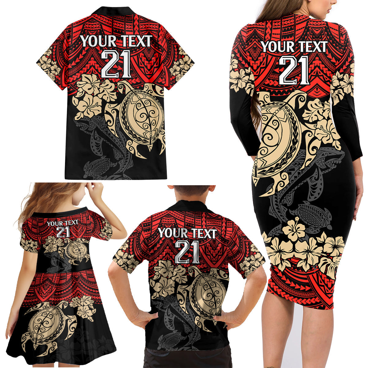 custom-dolphins-rugby-family-matching-long-sleeve-bodycon-dress-and-hawaiian-shirt-reddy-hibiscus-and-turtle-with-polynesian-pattern