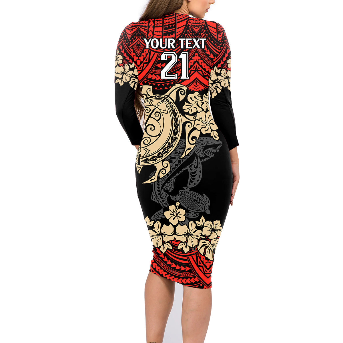 custom-dolphins-rugby-family-matching-long-sleeve-bodycon-dress-and-hawaiian-shirt-reddy-hibiscus-and-turtle-with-polynesian-pattern