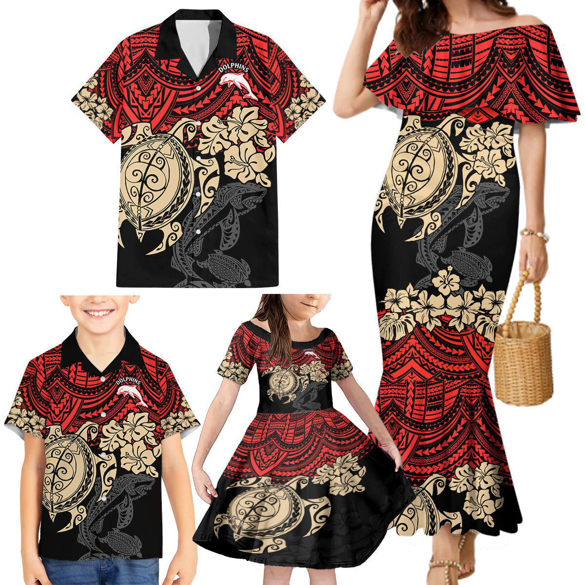 custom-dolphins-rugby-family-matching-mermaid-dress-and-hawaiian-shirt-reddy-hibiscus-and-turtle-with-polynesian-pattern