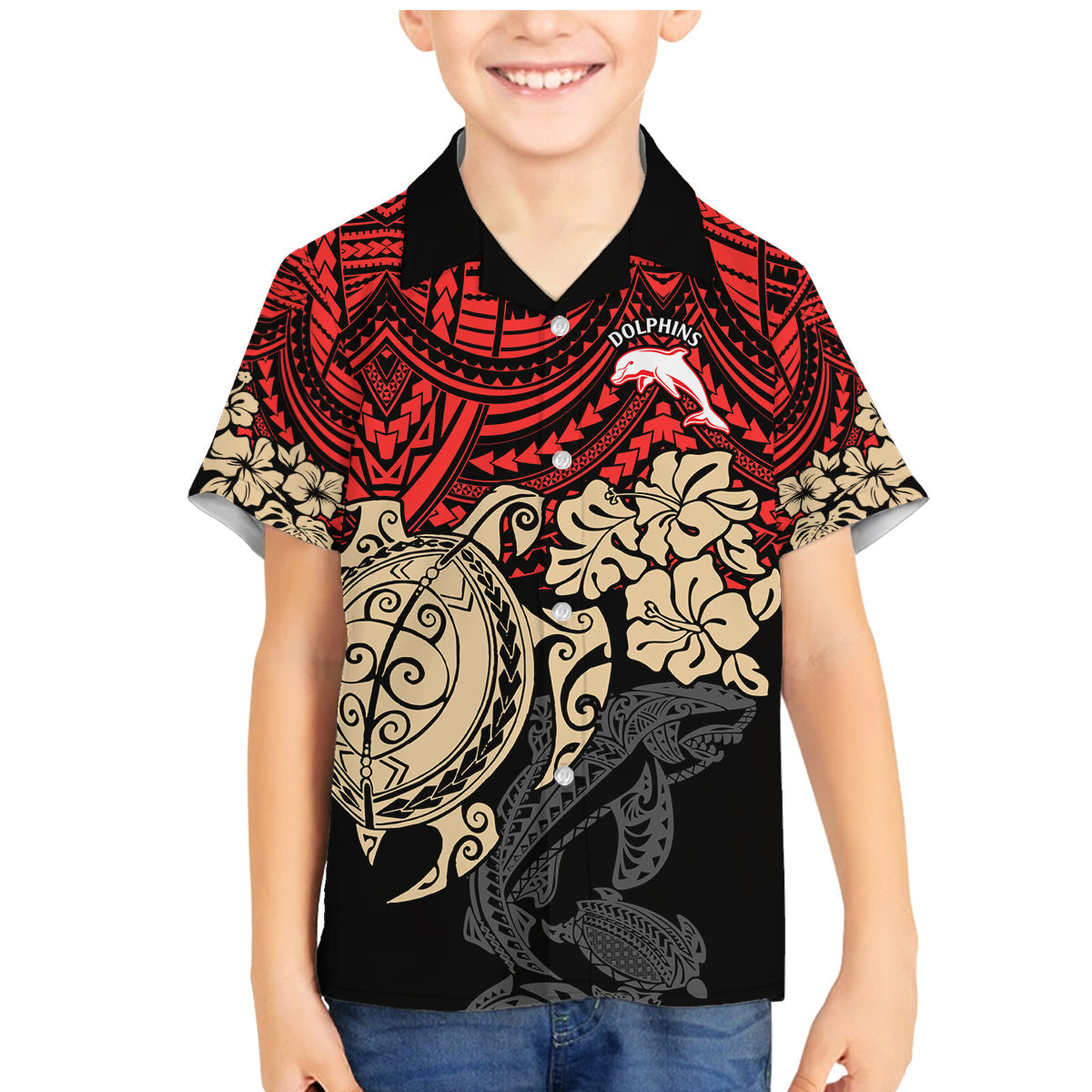 custom-dolphins-rugby-family-matching-mermaid-dress-and-hawaiian-shirt-reddy-hibiscus-and-turtle-with-polynesian-pattern