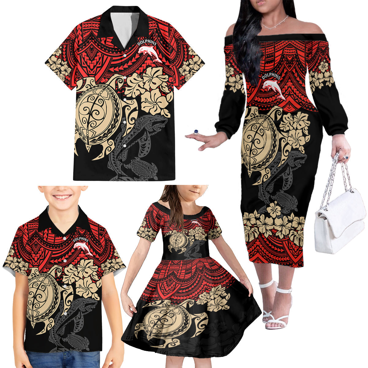 custom-dolphins-rugby-family-matching-off-shoulder-long-sleeve-dress-and-hawaiian-shirt-reddy-hibiscus-and-turtle-with-polynesian-pattern