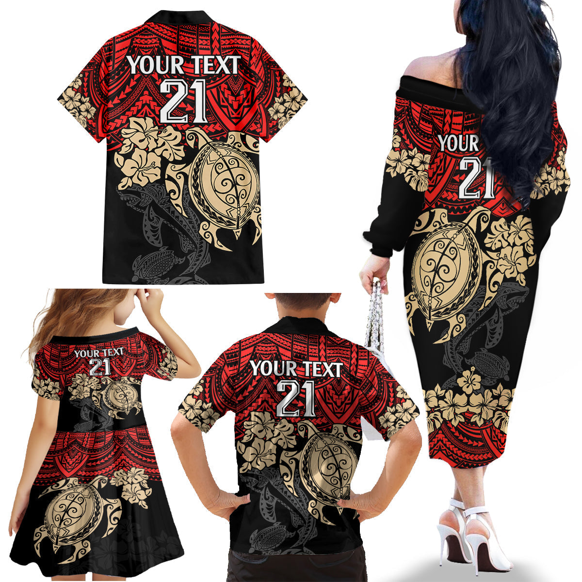 custom-dolphins-rugby-family-matching-off-shoulder-long-sleeve-dress-and-hawaiian-shirt-reddy-hibiscus-and-turtle-with-polynesian-pattern