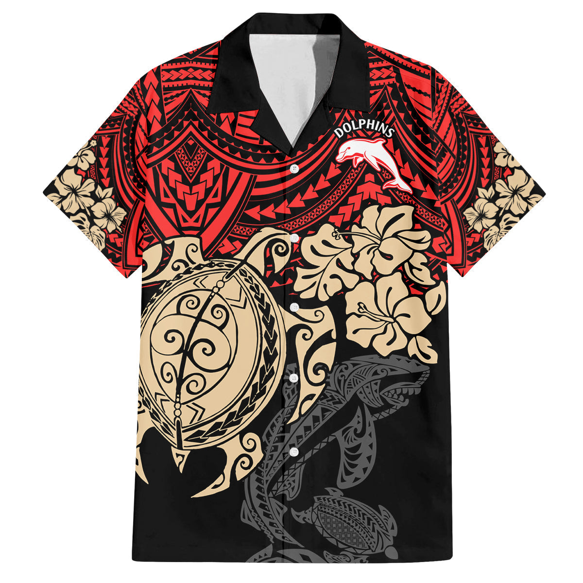 custom-dolphins-rugby-family-matching-off-shoulder-long-sleeve-dress-and-hawaiian-shirt-reddy-hibiscus-and-turtle-with-polynesian-pattern