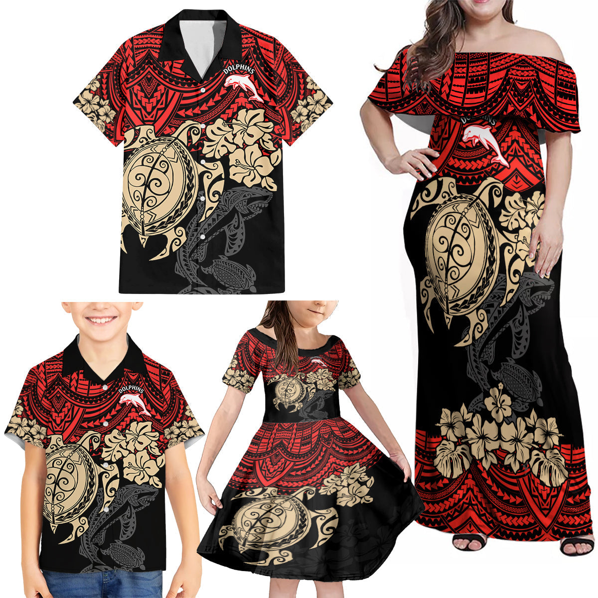 custom-dolphins-rugby-family-matching-off-shoulder-maxi-dress-and-hawaiian-shirt-reddy-hibiscus-and-turtle-with-polynesian-pattern