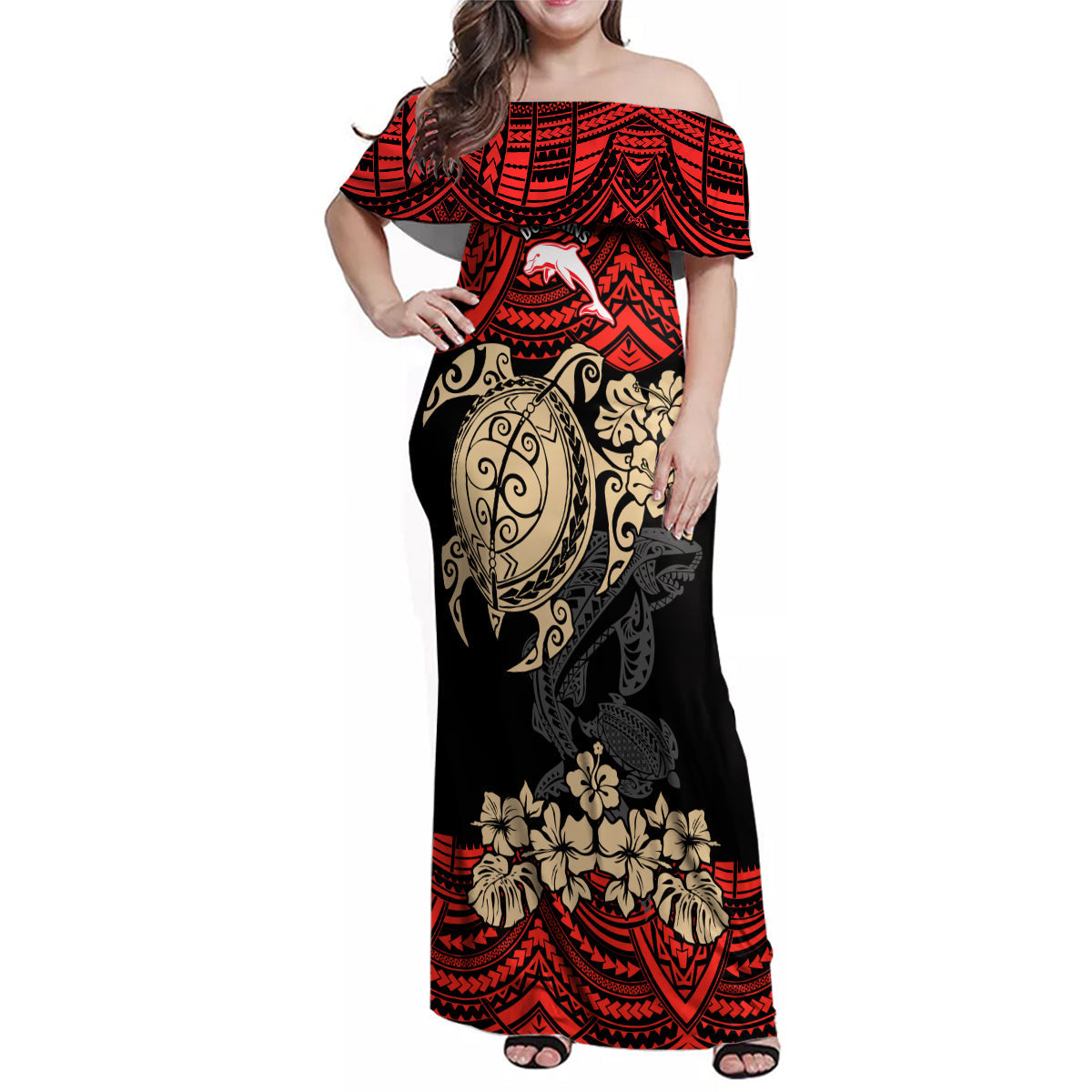 custom-dolphins-rugby-family-matching-off-shoulder-maxi-dress-and-hawaiian-shirt-reddy-hibiscus-and-turtle-with-polynesian-pattern