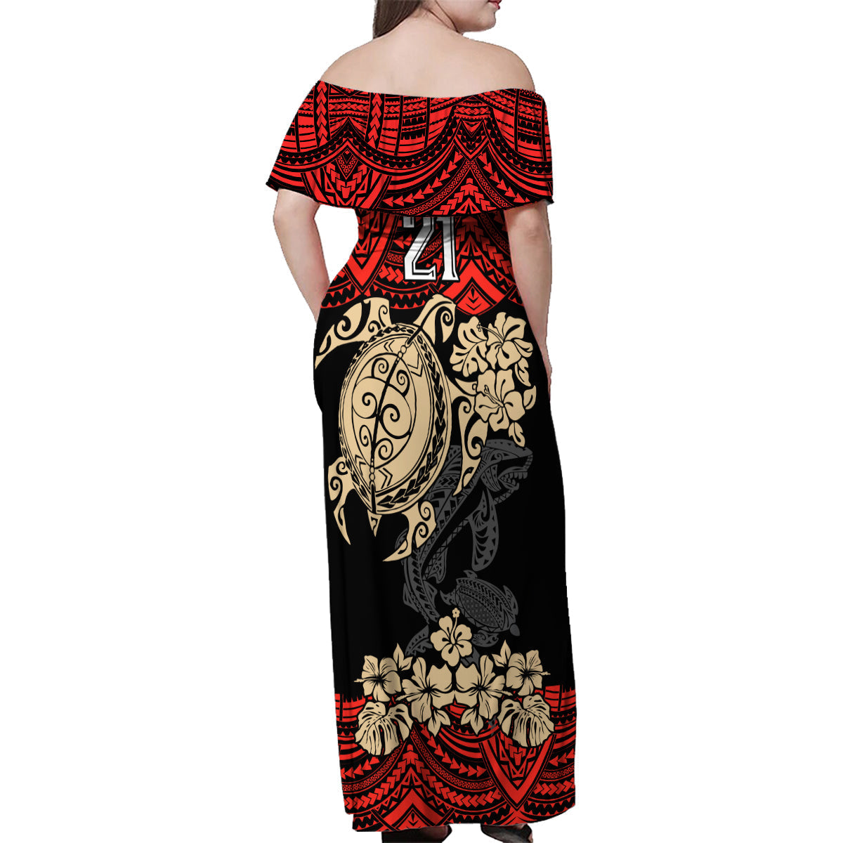 custom-dolphins-rugby-family-matching-off-shoulder-maxi-dress-and-hawaiian-shirt-reddy-hibiscus-and-turtle-with-polynesian-pattern