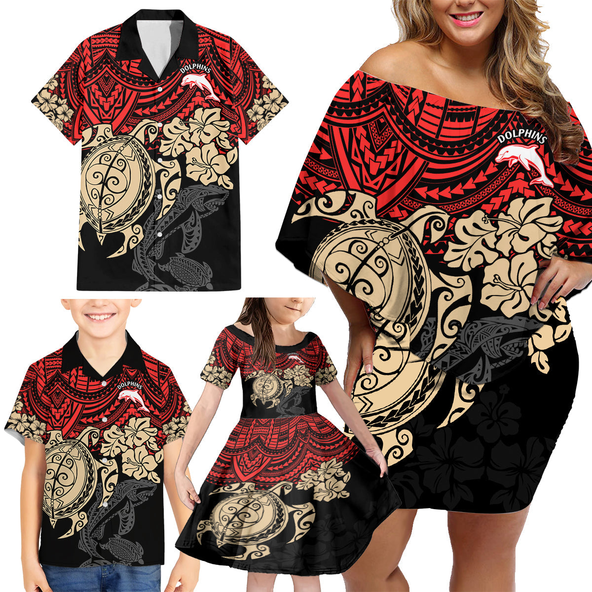 custom-dolphins-rugby-family-matching-off-shoulder-short-dress-and-hawaiian-shirt-reddy-hibiscus-and-turtle-with-polynesian-pattern