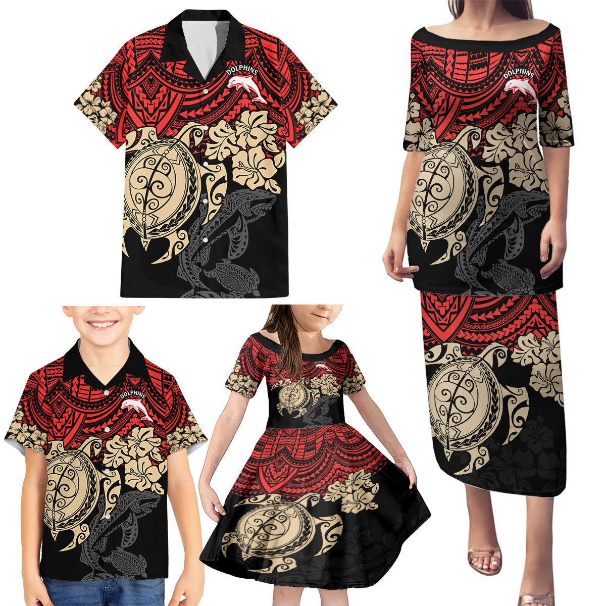 custom-dolphins-rugby-family-matching-puletasi-dress-and-hawaiian-shirt-reddy-hibiscus-and-turtle-with-polynesian-pattern