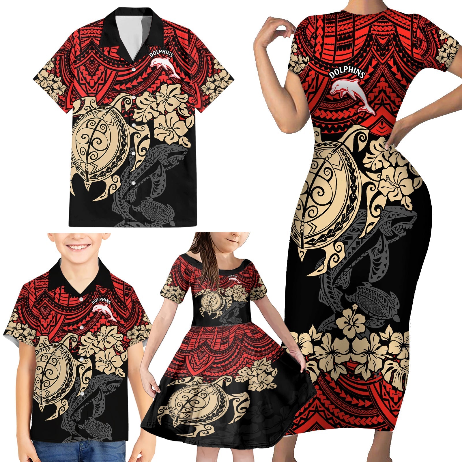 custom-dolphins-rugby-family-matching-short-sleeve-bodycon-dress-and-hawaiian-shirt-reddy-hibiscus-and-turtle-with-polynesian-pattern