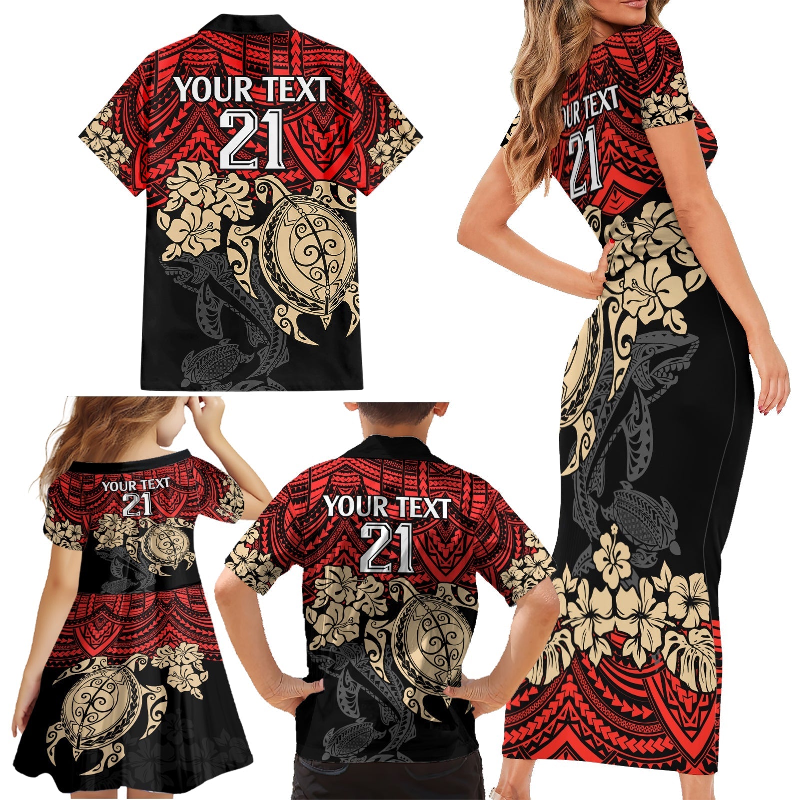 custom-dolphins-rugby-family-matching-short-sleeve-bodycon-dress-and-hawaiian-shirt-reddy-hibiscus-and-turtle-with-polynesian-pattern