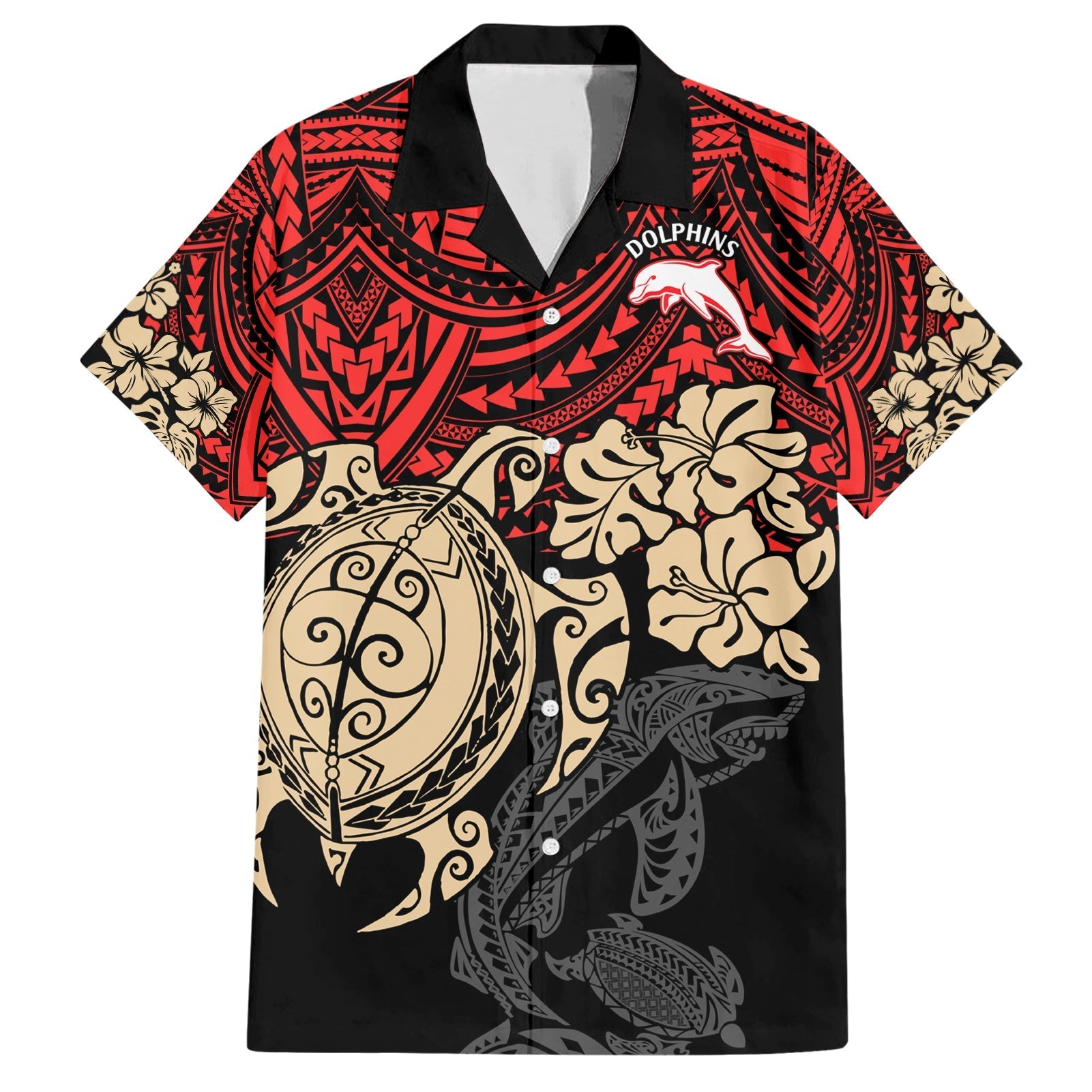 custom-dolphins-rugby-family-matching-short-sleeve-bodycon-dress-and-hawaiian-shirt-reddy-hibiscus-and-turtle-with-polynesian-pattern