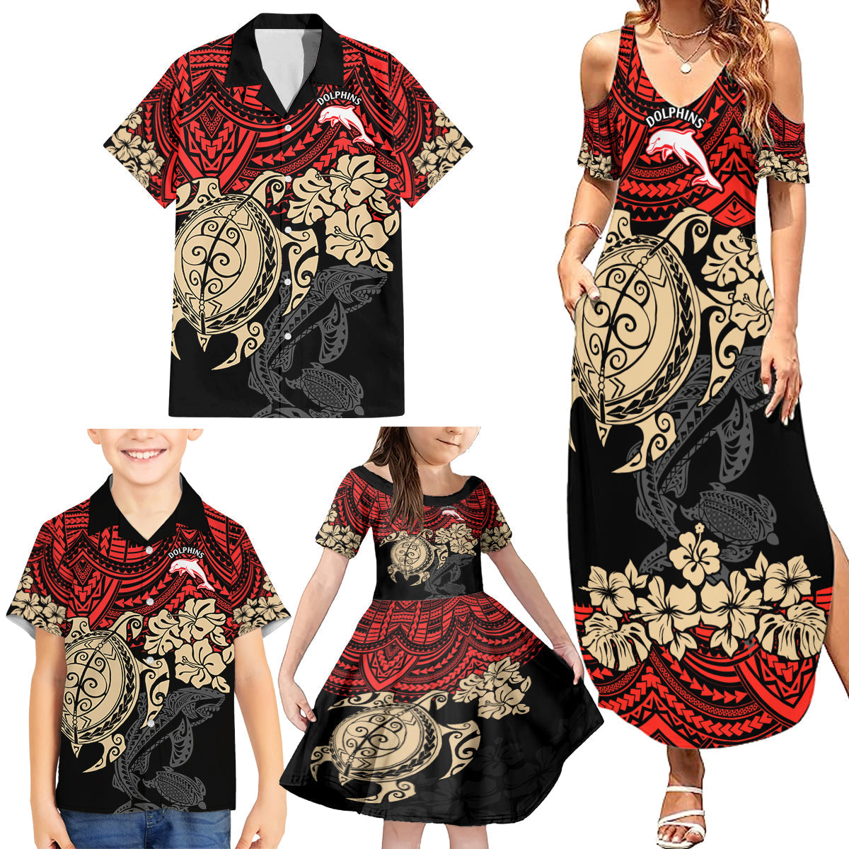 custom-dolphins-rugby-family-matching-summer-maxi-dress-and-hawaiian-shirt-reddy-hibiscus-and-turtle-with-polynesian-pattern