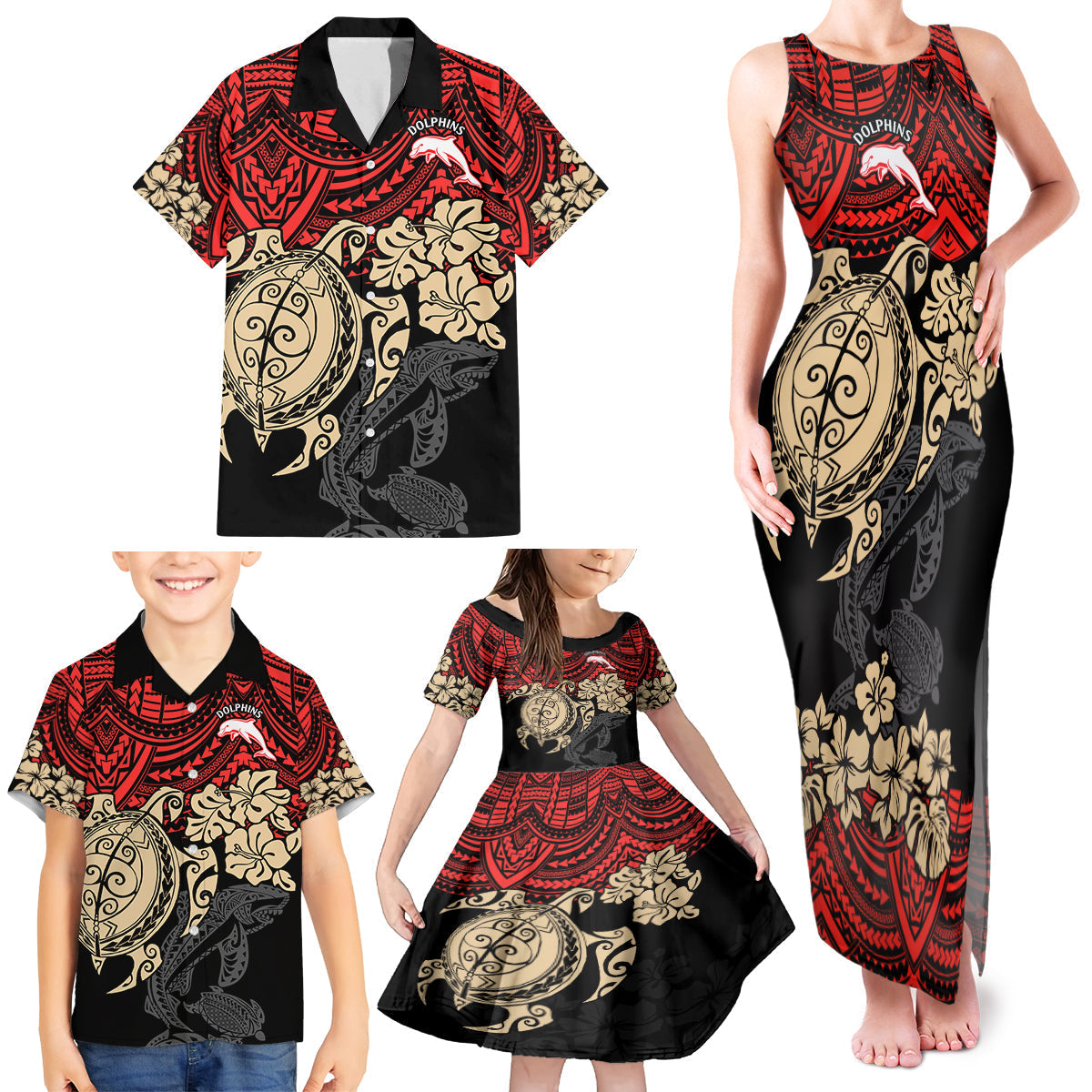 custom-dolphins-rugby-family-matching-tank-maxi-dress-and-hawaiian-shirt-reddy-hibiscus-and-turtle-with-polynesian-pattern