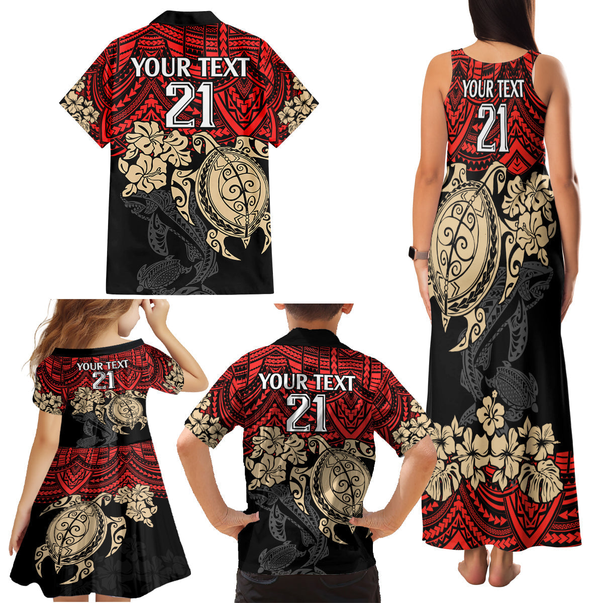 custom-dolphins-rugby-family-matching-tank-maxi-dress-and-hawaiian-shirt-reddy-hibiscus-and-turtle-with-polynesian-pattern