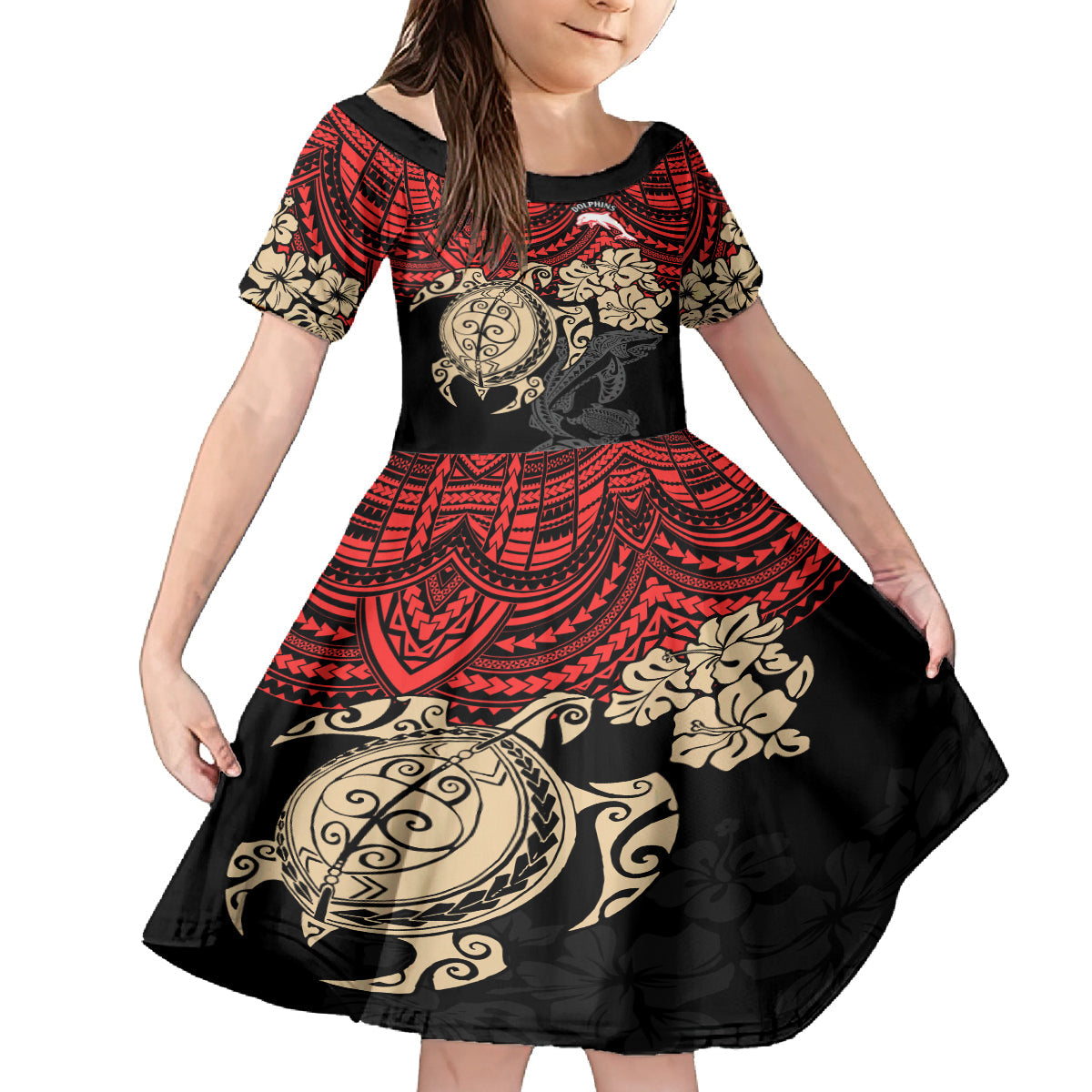 custom-dolphins-rugby-kid-short-sleeve-dress-reddy-hibiscus-and-turtle-with-polynesian-pattern