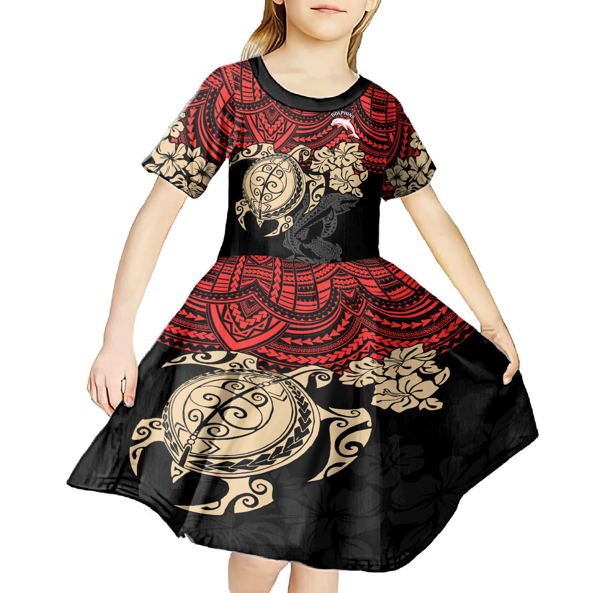 custom-dolphins-rugby-kid-short-sleeve-dress-reddy-hibiscus-and-turtle-with-polynesian-pattern