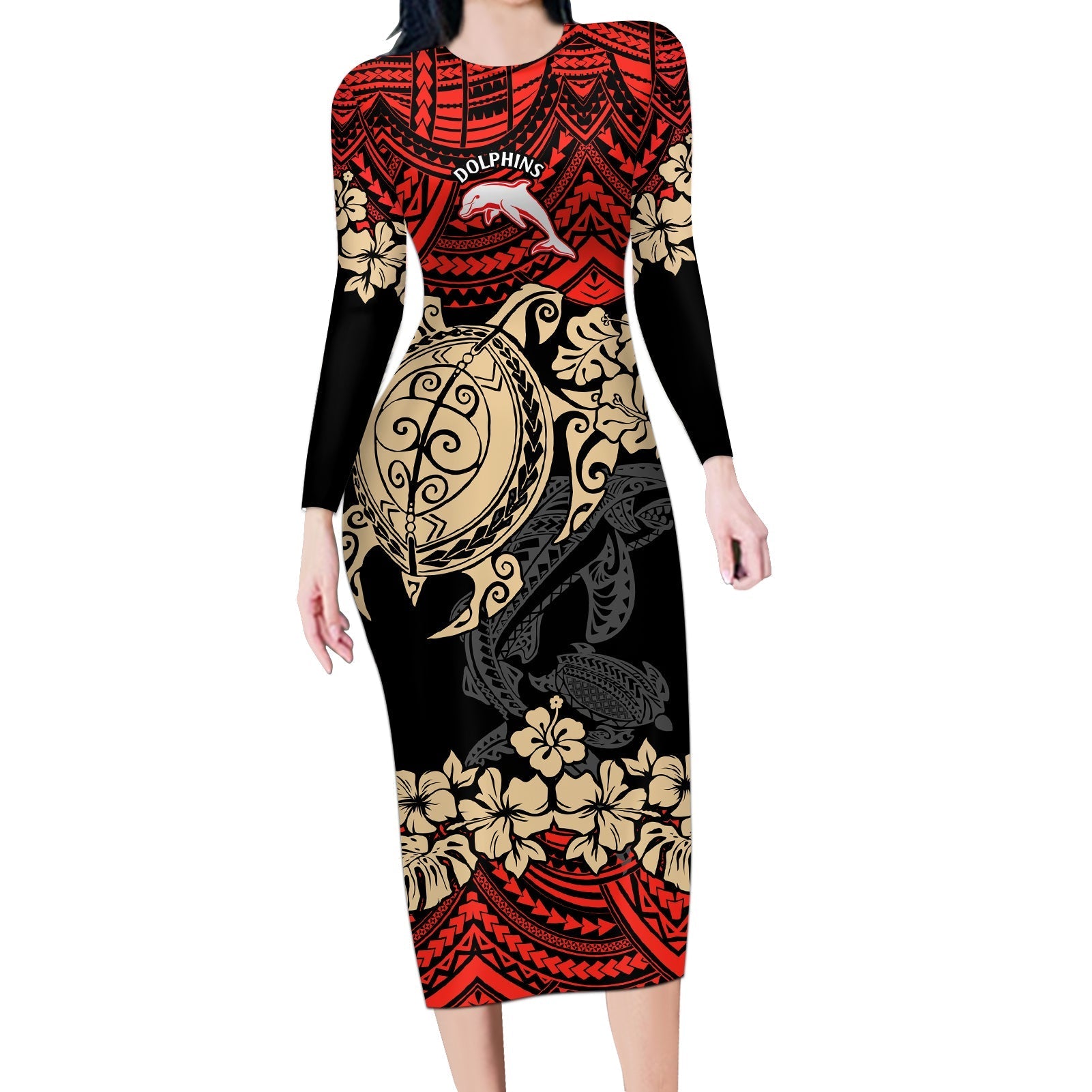 custom-dolphins-rugby-long-sleeve-bodycon-dress-reddy-hibiscus-and-turtle-with-polynesian-pattern