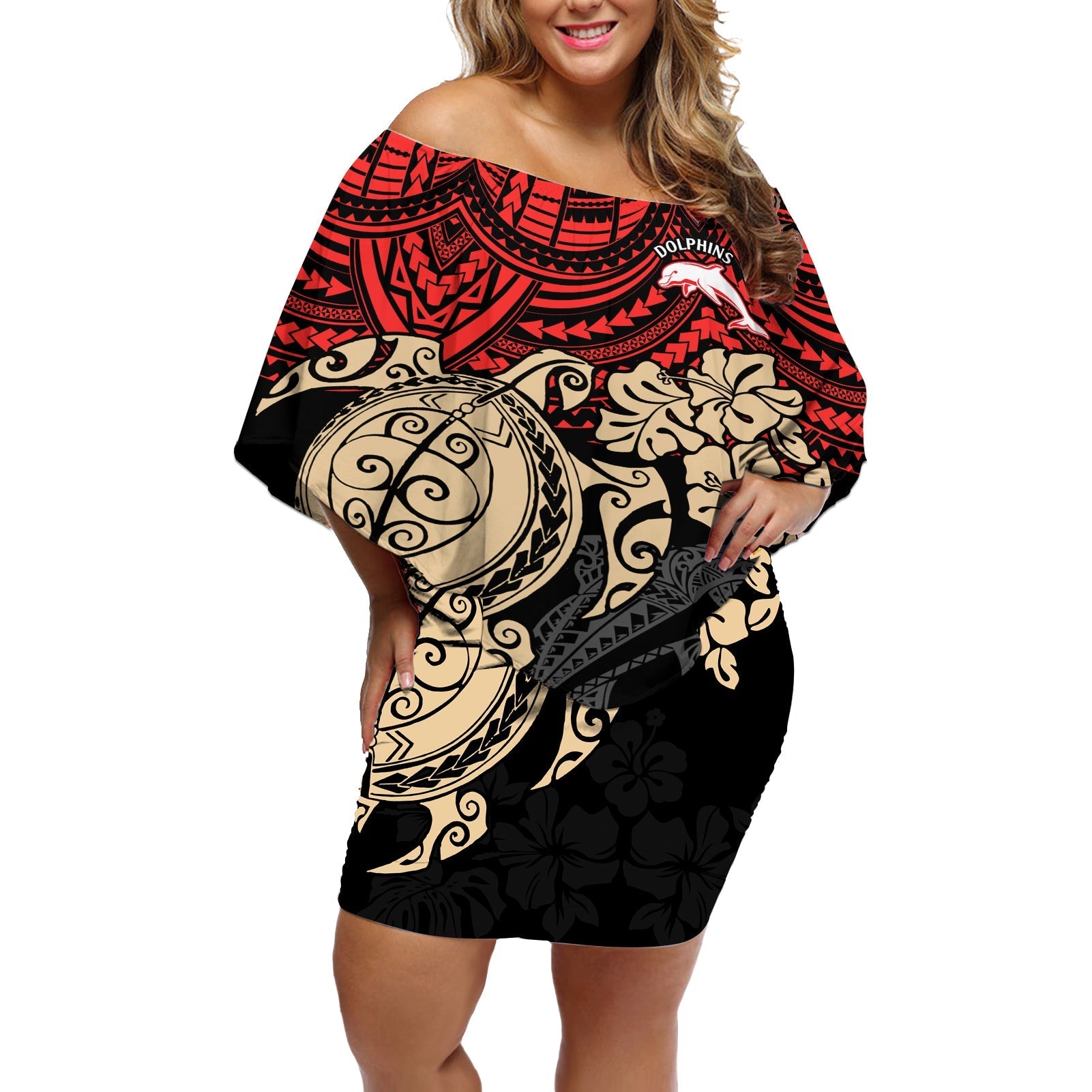 custom-dolphins-rugby-off-shoulder-short-dress-reddy-hibiscus-and-turtle-with-polynesian-pattern