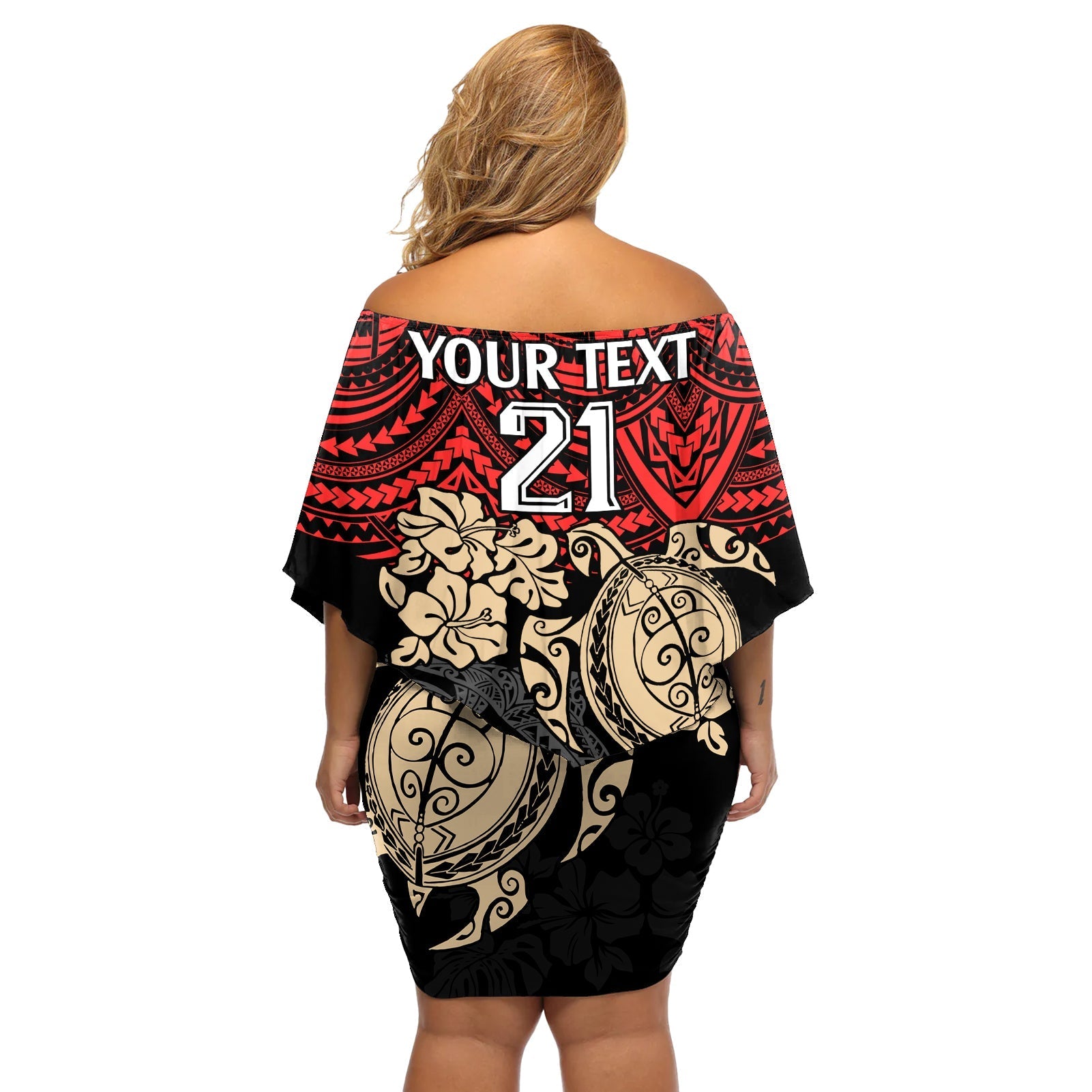 custom-dolphins-rugby-off-shoulder-short-dress-reddy-hibiscus-and-turtle-with-polynesian-pattern