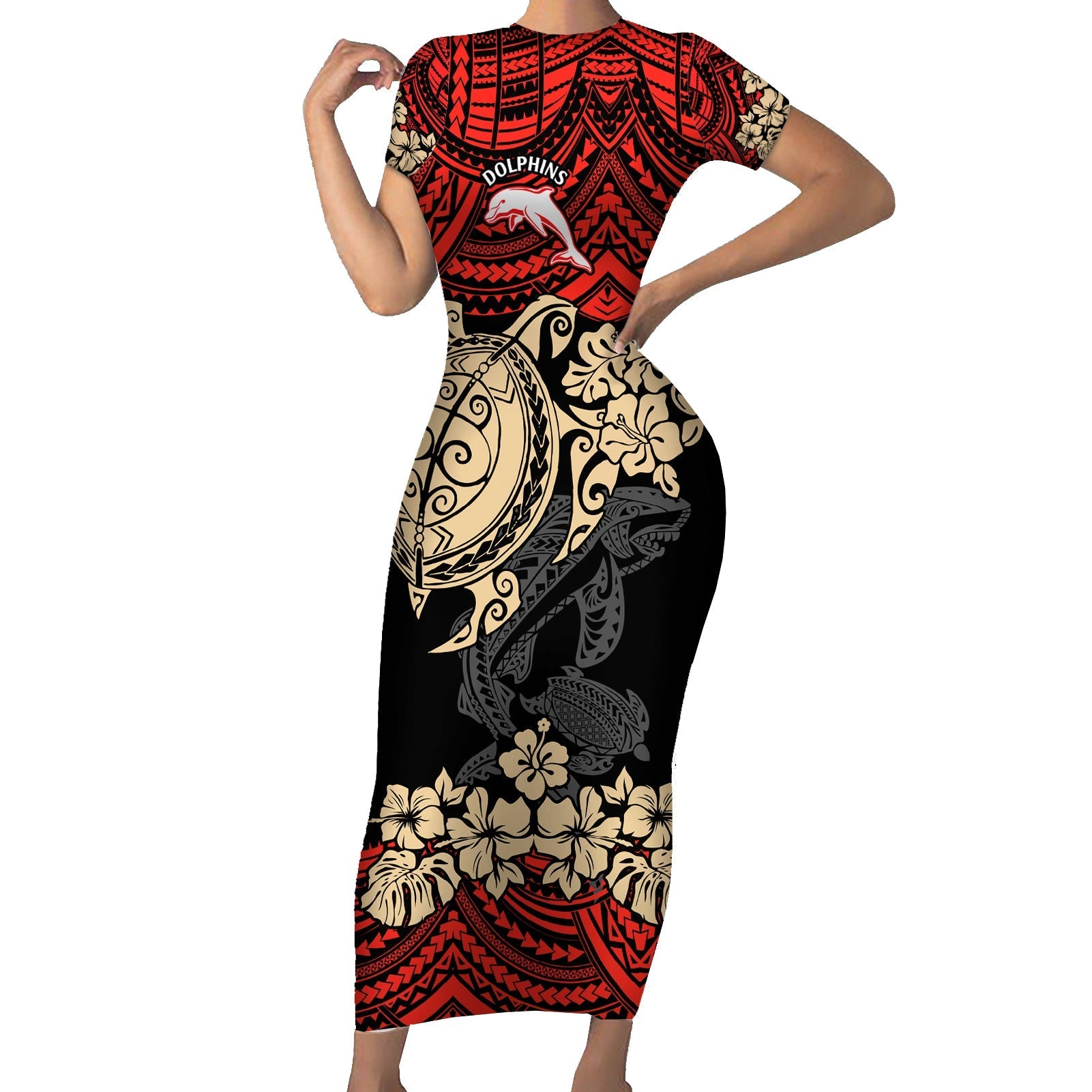 custom-dolphins-rugby-short-sleeve-bodycon-dress-reddy-hibiscus-and-turtle-with-polynesian-pattern