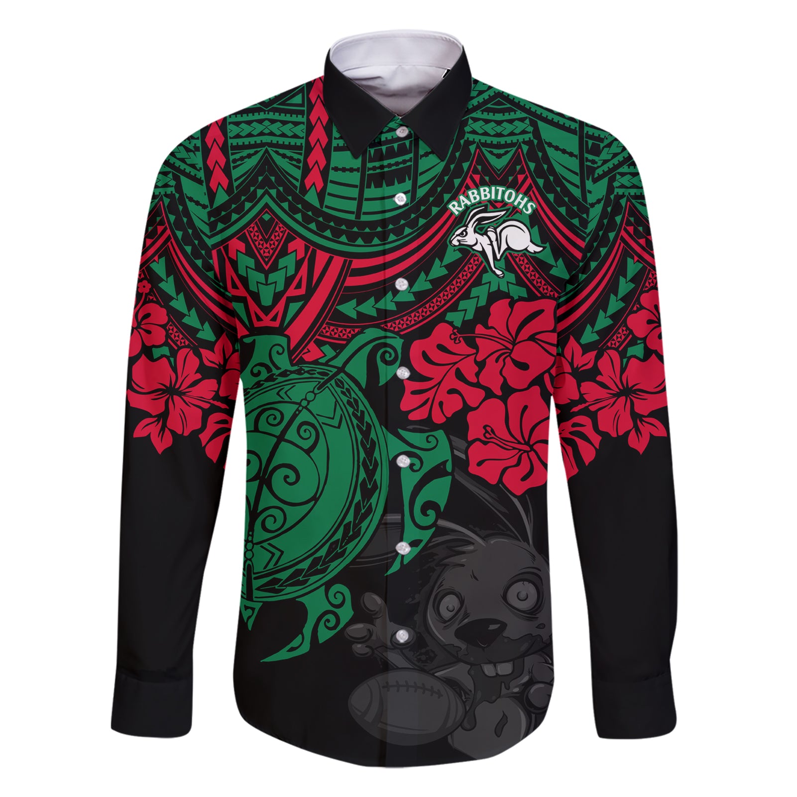 custom-rabbitohs-rugby-family-matching-short-sleeve-bodycon-dress-and-hawaiian-shirt-bunnies-hibiscus-and-turtle-with-polynesian-pattern