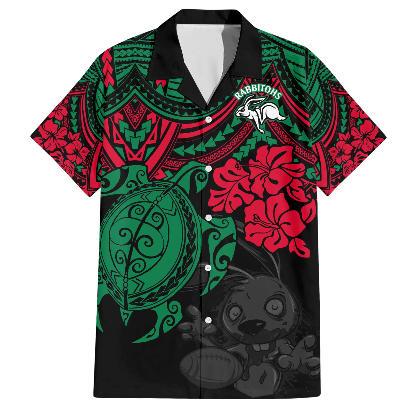 Custom Rabbitohs Rugby Hawaiian Shirt Bunnies Hibiscus and Turtle With Polynesian Pattern - Vibe Hoodie Shop