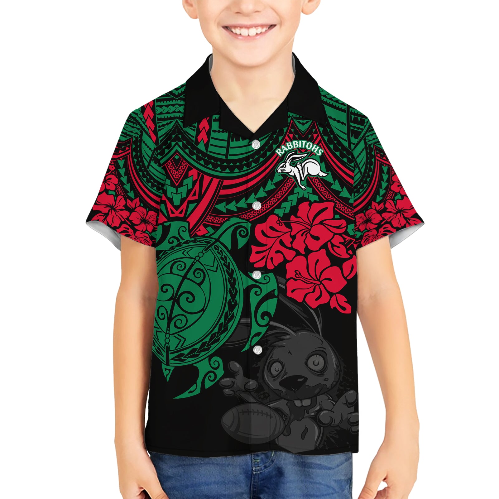 Custom Rabbitohs Rugby Hawaiian Shirt Bunnies Hibiscus and Turtle With Polynesian Pattern - Vibe Hoodie Shop