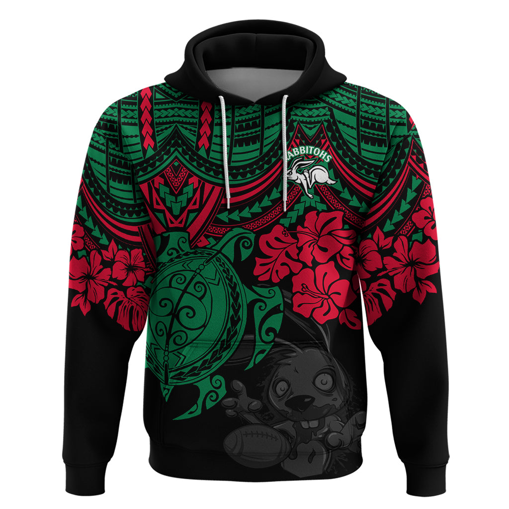 Custom Rabbitohs Rugby Hoodie Bunnies Hibiscus and Turtle With Polynesian Pattern LT9 - Vibe Hoodie Shop