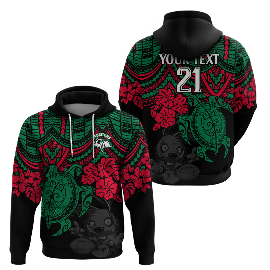 Custom Rabbitohs Rugby Hoodie Bunnies Hibiscus and Turtle With Polynesian Pattern LT9 - Vibe Hoodie Shop