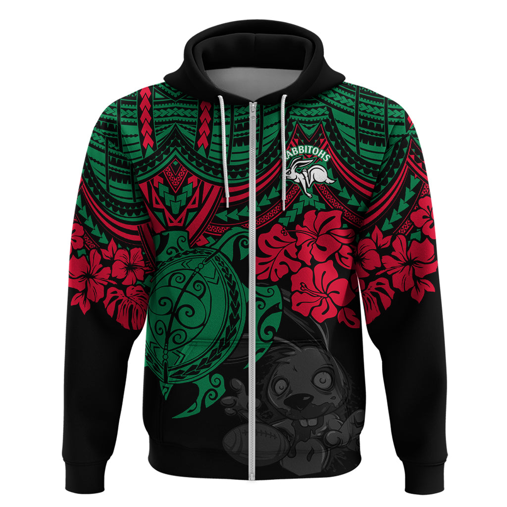 Custom Rabbitohs Rugby Hoodie Bunnies Hibiscus and Turtle With Polynesian Pattern LT9 - Vibe Hoodie Shop