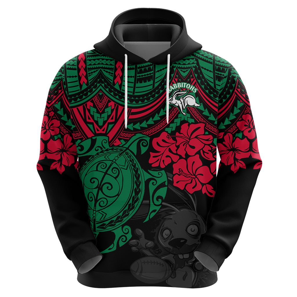 Custom Rabbitohs Rugby Hoodie Bunnies Hibiscus and Turtle With Polynesian Pattern LT9 - Vibe Hoodie Shop