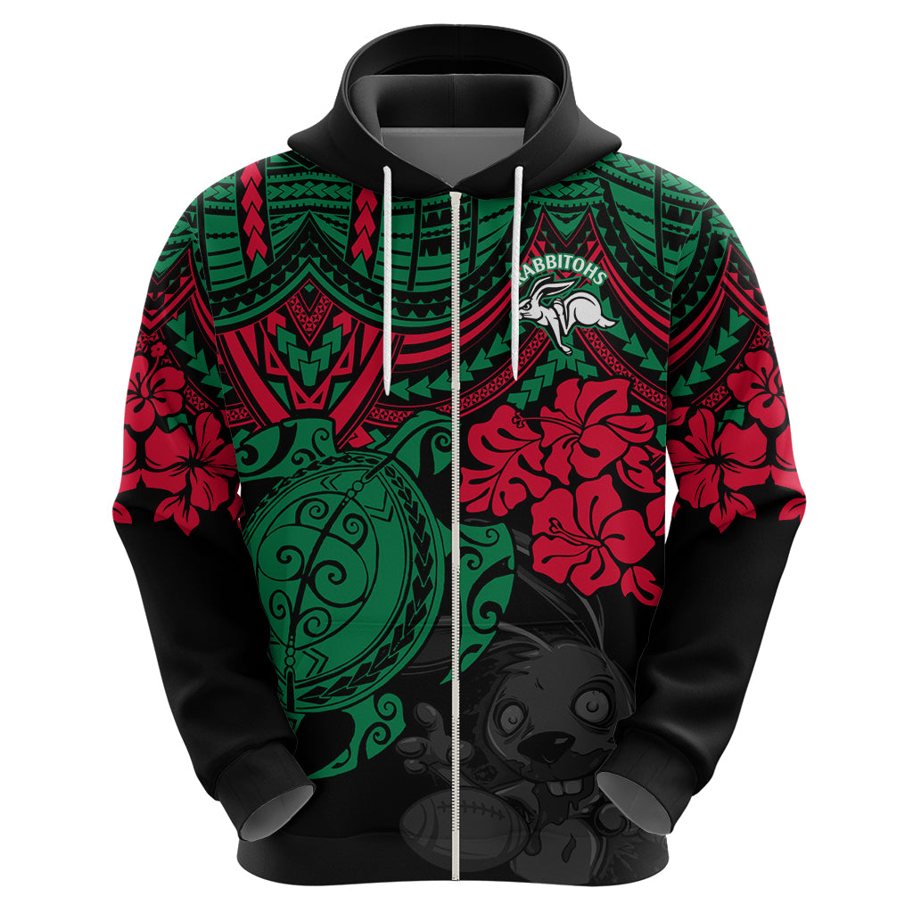 Custom Rabbitohs Rugby Hoodie Bunnies Hibiscus and Turtle With Polynesian Pattern LT9 - Vibe Hoodie Shop