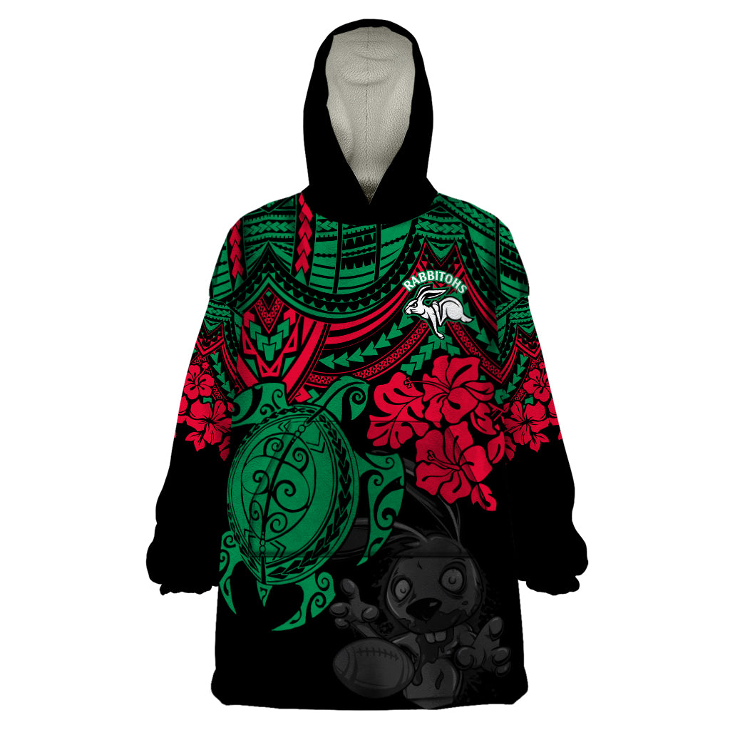 Custom Rabbitohs Rugby Wearable Blanket Hoodie Bunnies Hibiscus and Turtle With Polynesian Pattern - Vibe Hoodie Shop