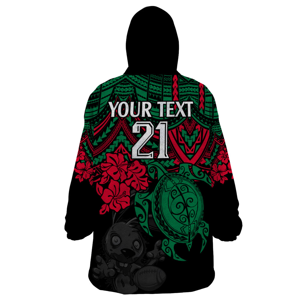 Custom Rabbitohs Rugby Wearable Blanket Hoodie Bunnies Hibiscus and Turtle With Polynesian Pattern - Vibe Hoodie Shop