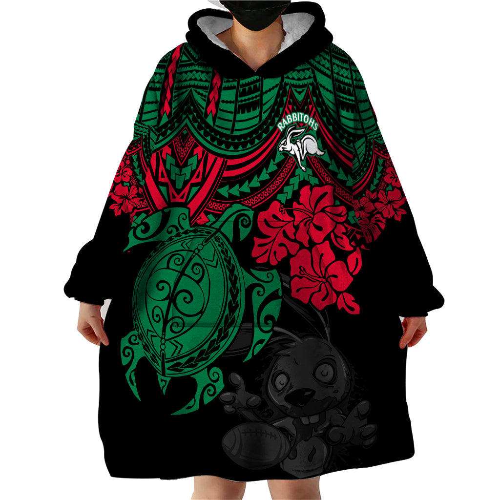 Custom Rabbitohs Rugby Wearable Blanket Hoodie Bunnies Hibiscus and Turtle With Polynesian Pattern - Vibe Hoodie Shop