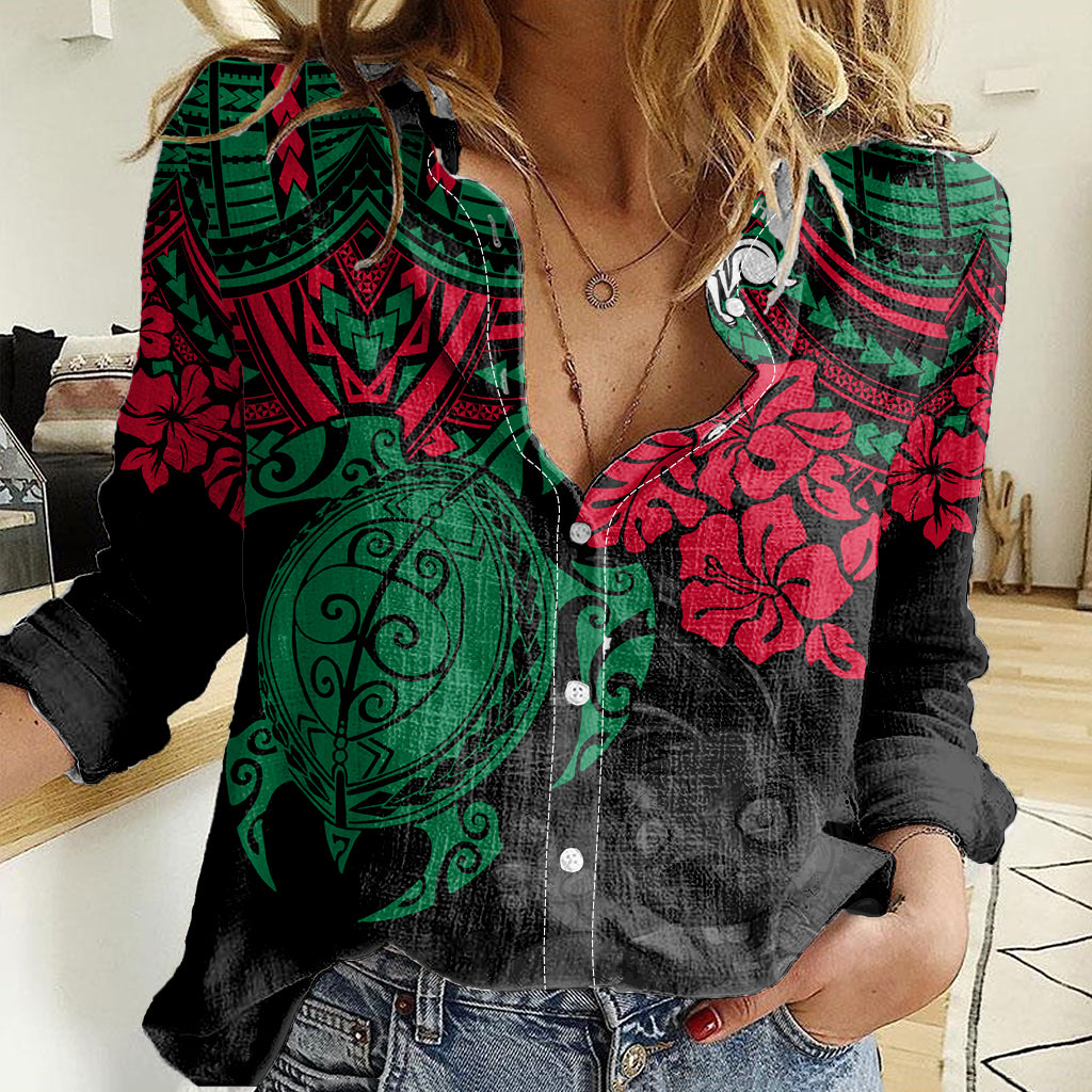 Custom Rabbitohs Rugby Women Casual Shirt Bunnies Hibiscus and Turtle With Polynesian Pattern - Vibe Hoodie Shop